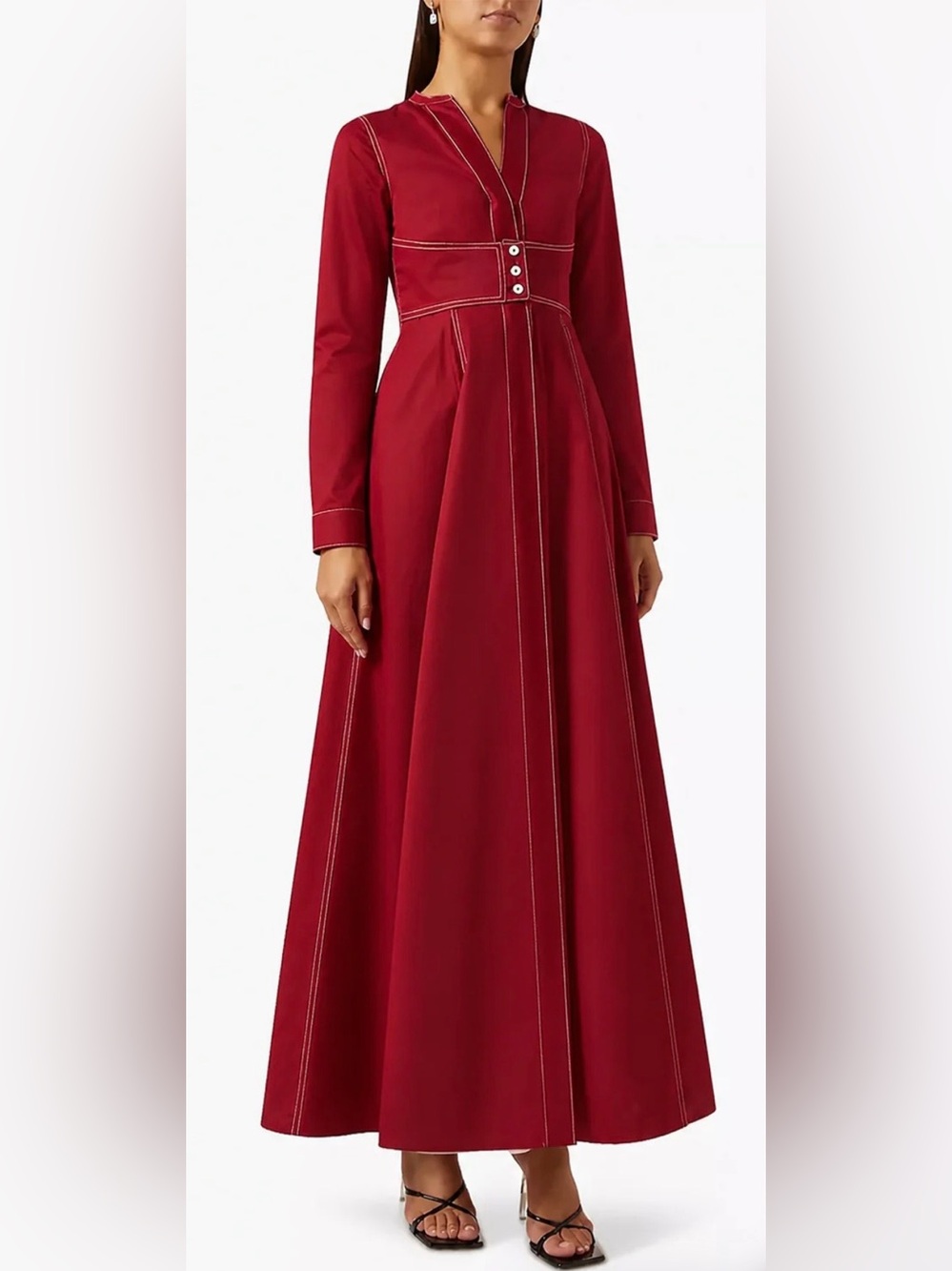 Women's Long Sleeve Burgundy Maxi Dress with Contrast Stitching